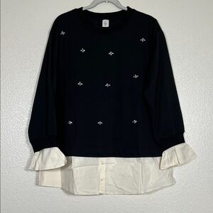 Black and cream crystal studded oversized blouse, size large